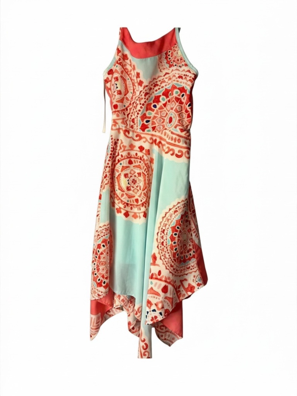 Amy Byer Sundress Girls Size 8 Coral Aqua Good Handkerchief Hem Medallion Print